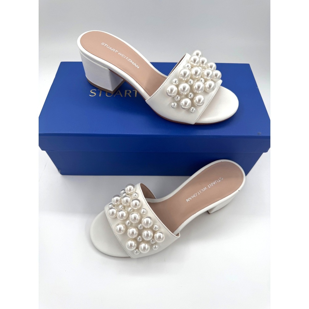 Stuart Weitzman Goldie 50 Block Slide White Pearl Sandals SK609 Size 34.5 US 4B
